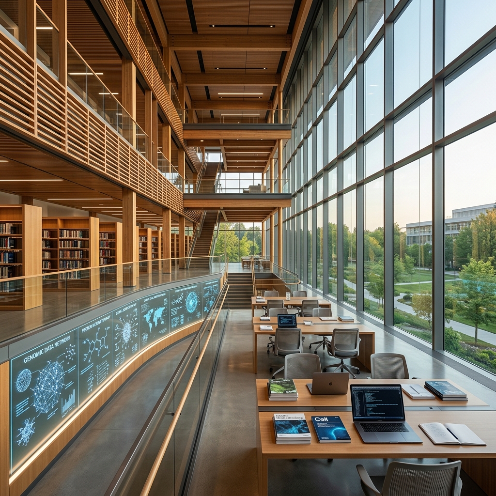 State-of-the-art research institute atrium and library with glass bioinformatics network visualizations