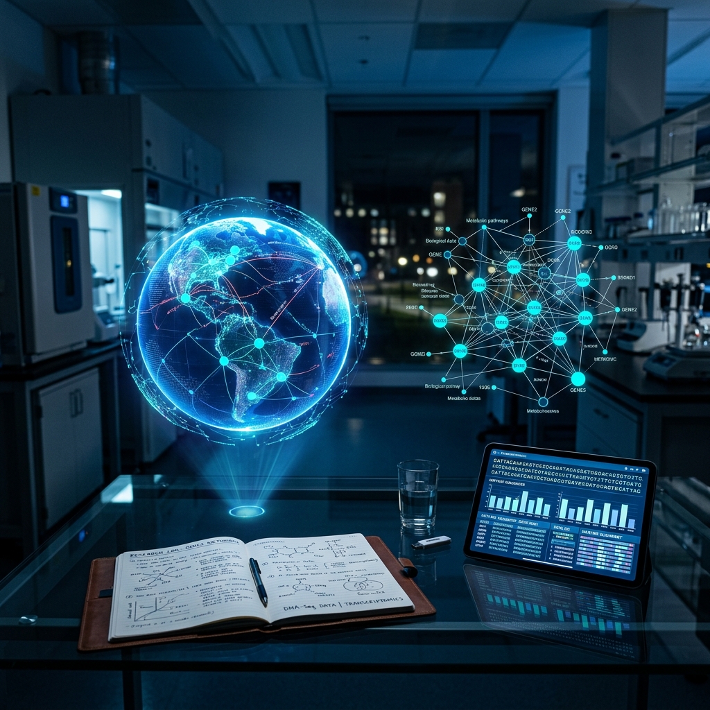 Advanced scientific laboratory visualization workspace with 3D holographic globe and multi-omics network graphs